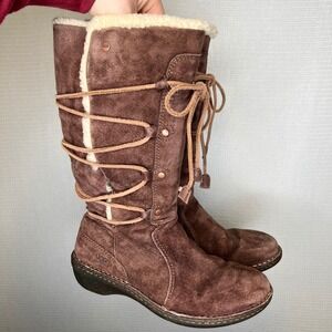UGG Australia Sunburst Tall Chocolate Brown Suede Shearling Lace Up Boots Womens
